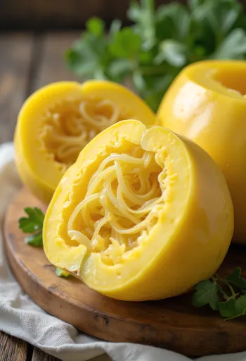 Halveret spaghettisquash hvor de spaghetti-lignende tråde er synlige
