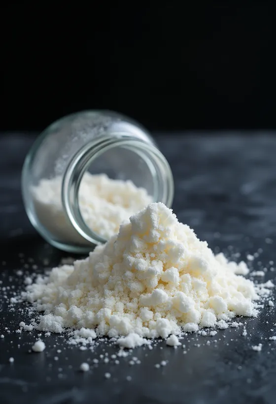 Agar-agar-pulver i et glas og på en træske