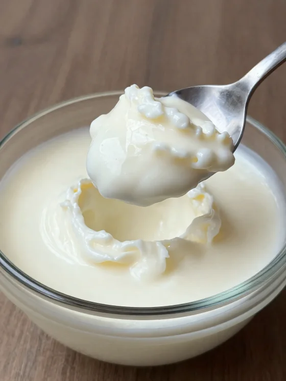 Tykmælk i rustik keramikskål med ske og let udskilt valle