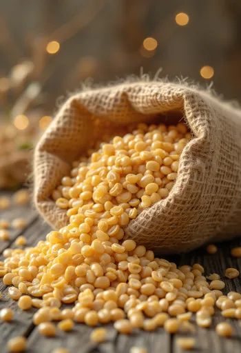 Rensede bygkerner i en lille sæk og spredt på en træoverflade