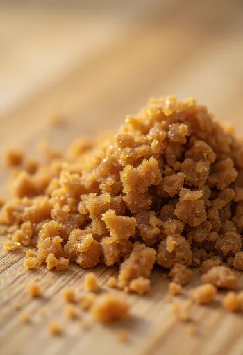 Brun farin i skål med træske, der viser den fugtige konsistens