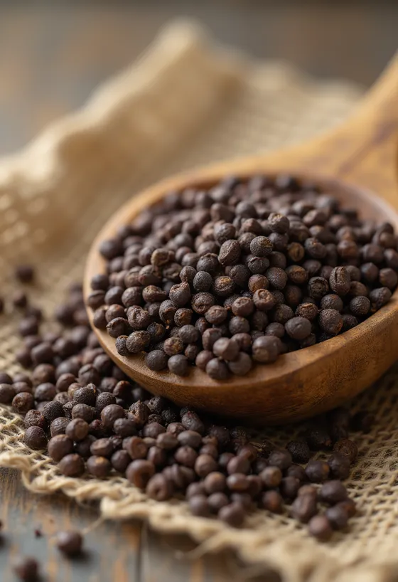 Hele brune sennepsfrø som tørret krydderi på en træoverflade