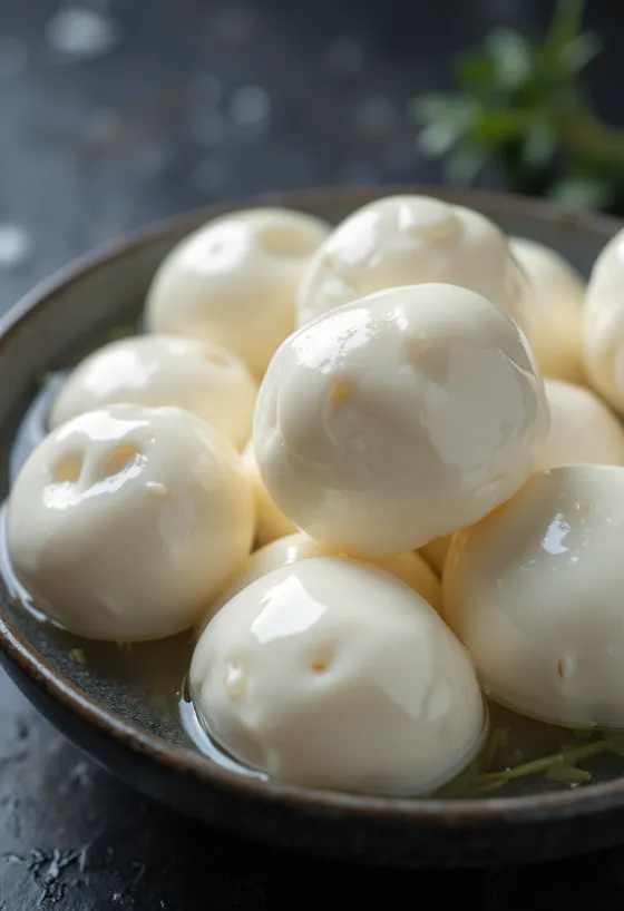 Frisk bøffelmozzarella i en hvid keramikskål på et træbord