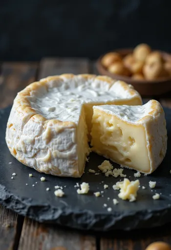 Frisk Brie anrettet i hvid skål på rustikt træbord