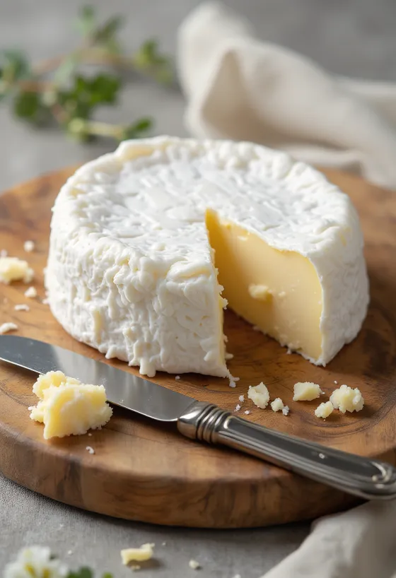 Skiveskåret brieost på træskærebræt, med cremet indre