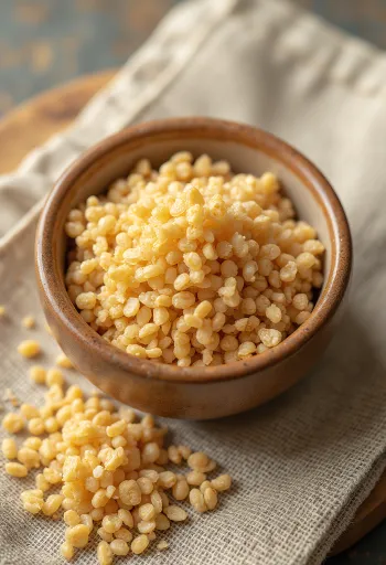 Rå bulgur i keramikskål, med spredte korn på træoverflade