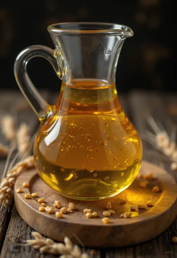 Hvedekimsolie i en lille skål med hvedekorn og kim ved siden af