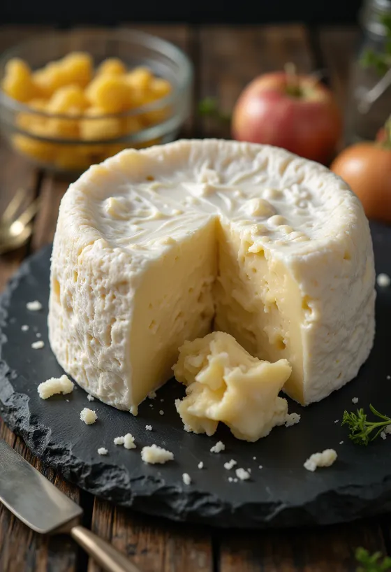 Skiveskåret camembert på et træbræt med cremet indre