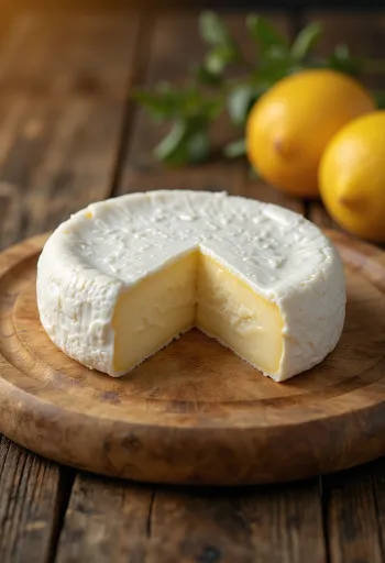 Frisk Camembert ost anrettet i hvid skål på træbord