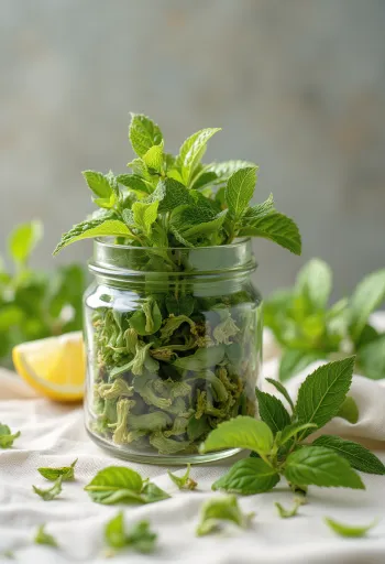 Tørrede citronmelissestængler i skål og drysset med grydeske på køkkenoverflade