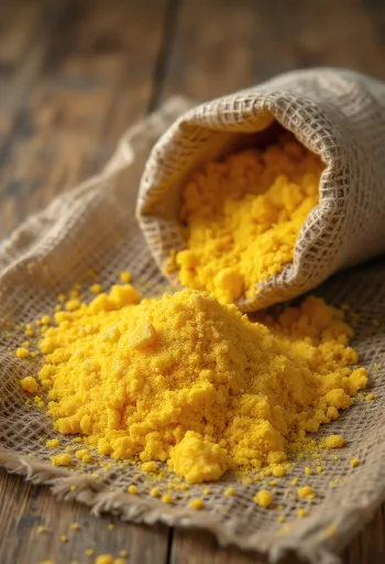 Grovmalet, gyldengul majsmel (polenta) i træskål og strøet på overfladen