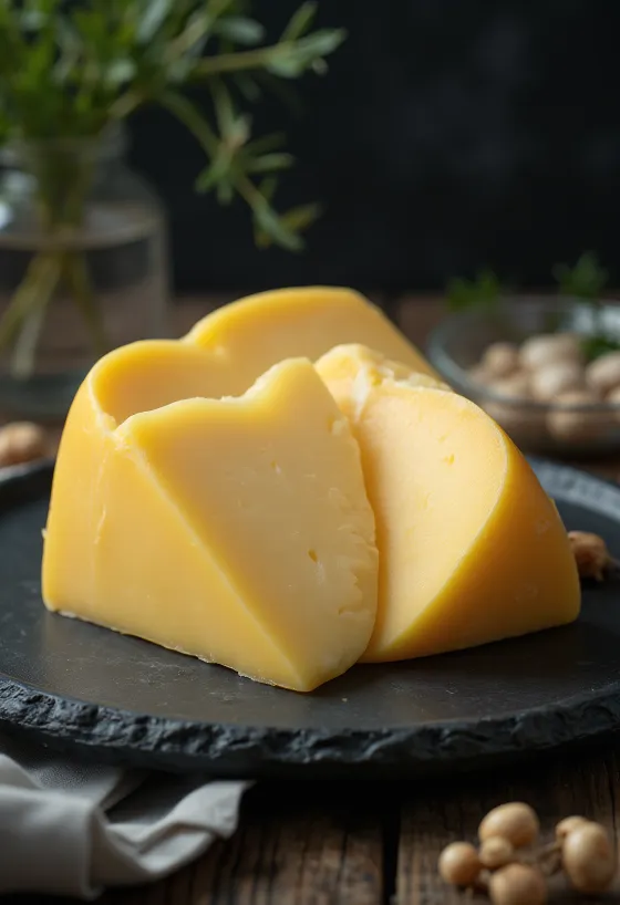 Frisk Edamer ost i hvid skål på træbord