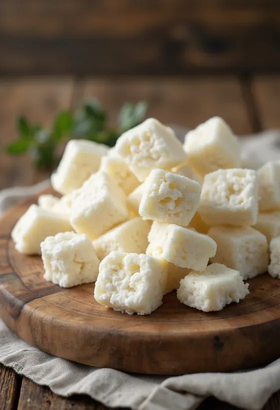 Frisk, grynet sød valleost i en hvid keramikskål