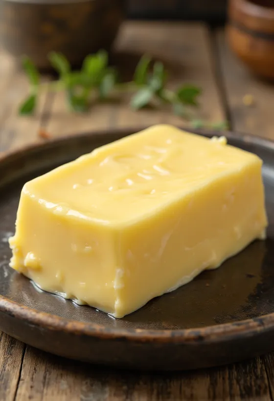 Cremet smør af sød fløde i en lille beholder, på en rustik overflade