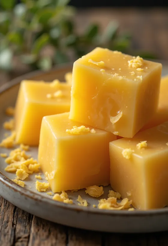 Bivoksblok og -spåner af fødevarekvalitet på en overflade af træ