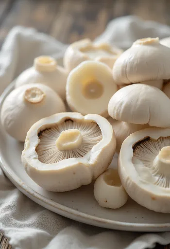 Skiveskåret og renset hvid champignon på træskærebræt