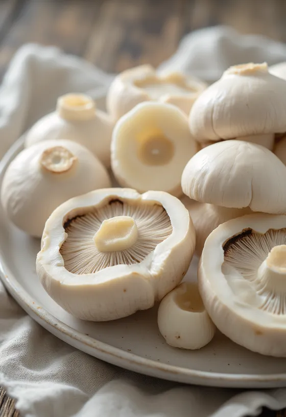 Skiveskåret og renset hvid champignon på træskærebræt