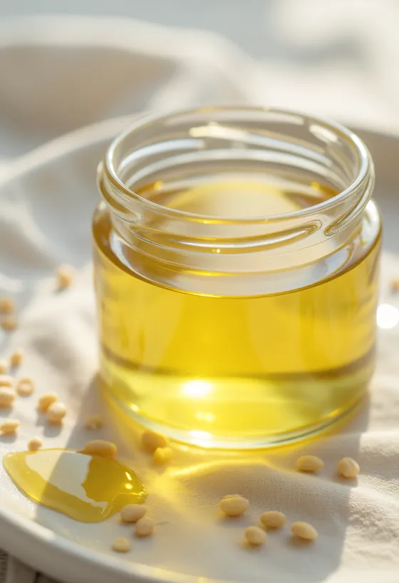 Hvid sesamolie i flaske og skål, med sesamfrø ved siden af