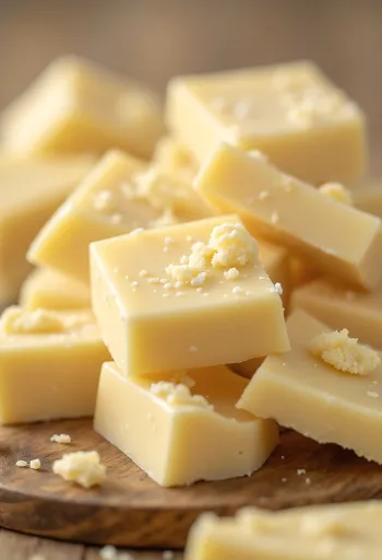 Hvid chokolade i stykker, smeltet og som spåner
