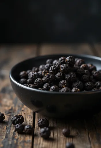 Hele sorte peberkorn i træskål og spredt ud