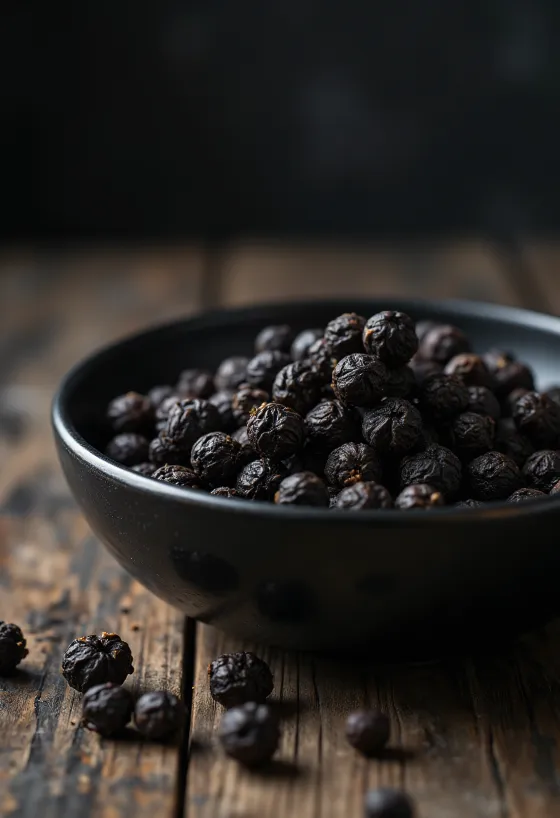 Hele sorte peberkorn i træskål og spredt ud