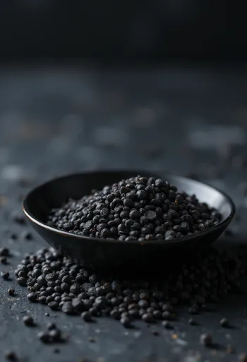 Hele sorte sennepsfrø på træoverflade i lille skål