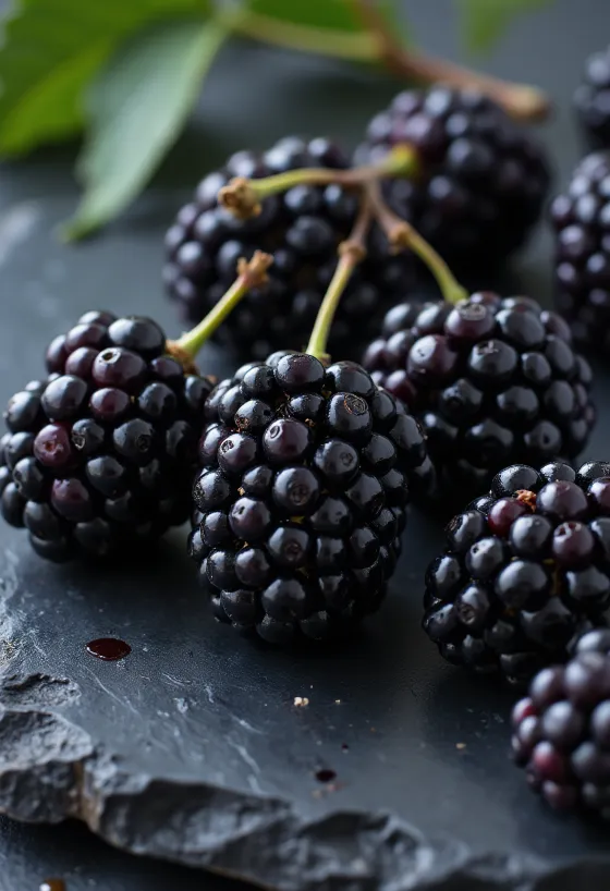 Friske sorte morbær (Morus nigra) skåret over og hele
