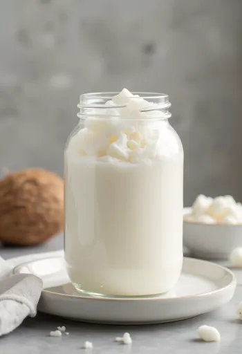 Raffineret kokosolie i en lille skål ved siden af hvidt kokosmel