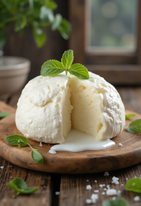 Frisk mozzarella af komælk i hvid keramikskål på træbord