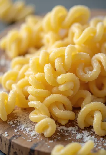 Tørret fusilli pasta i spiralform på træbaggrund