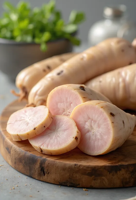 Frisk galangarod i skiver og strimler i skål