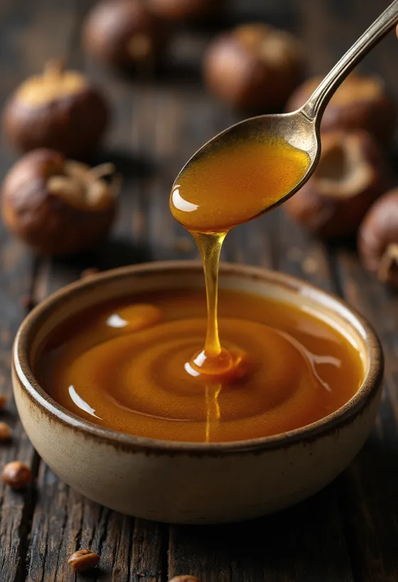 Mørk kastanjehonning i glas med honningeske og blomster