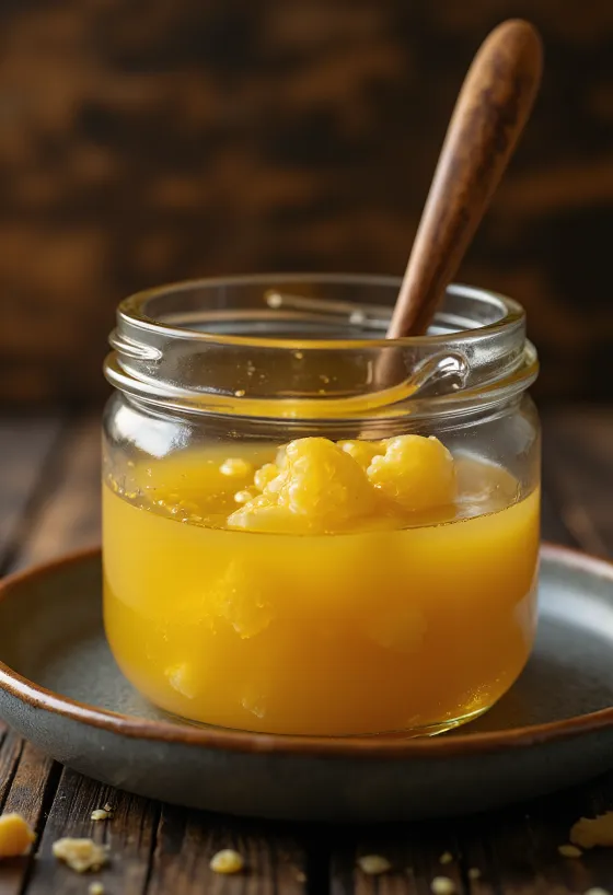 Ghee klaret smør i glasskål med ske