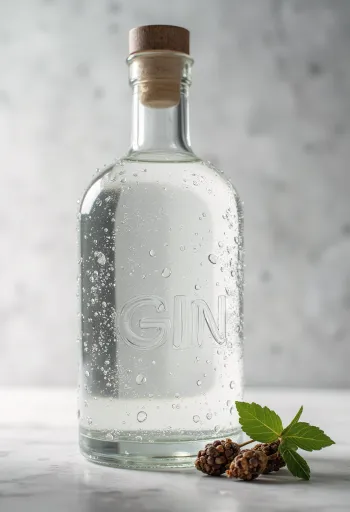 Ginflaske og glas med is, enebær og krydderier