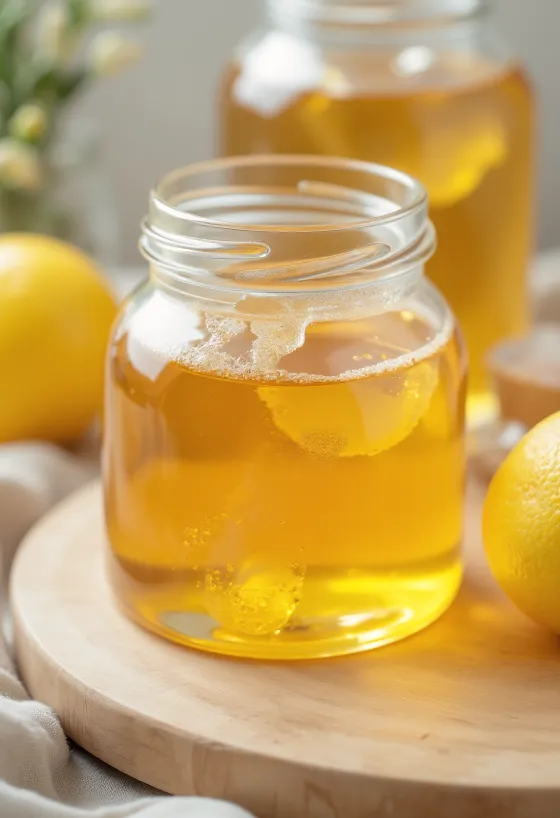 Glukosesirup i lille glas, sirup drypper fra ske ved siden af