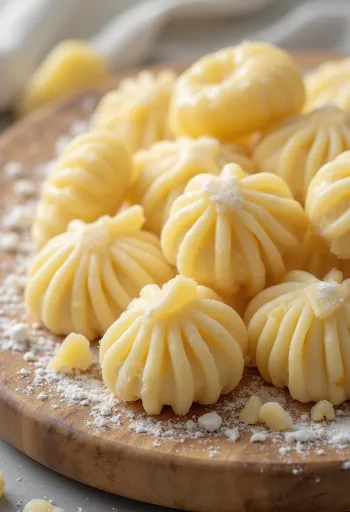 Rå gnocchi pasta på en meldrysset træoverflade