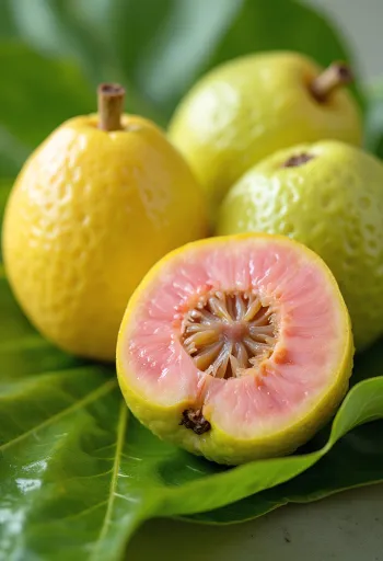 Friske guavafrugter skåret op, med lyserødt kød og grøn skal på en træoverflade