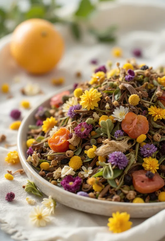 Urtete i løs vægt, tørret planteblanding i skål og drysset med træske