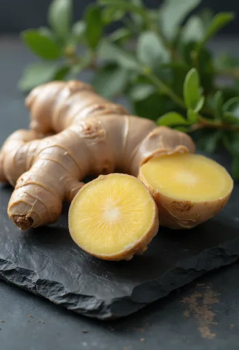 Frisk ingefær og skiveskåret ingefær på et køkkenbræt