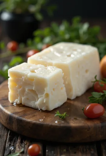 Frisk halloumi ost i en hvid keramikskål på et træbord