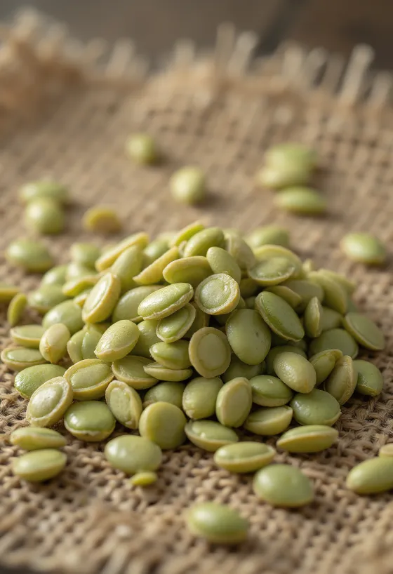 Afskallede hampefrø tæt på, drysset på en lys overflade