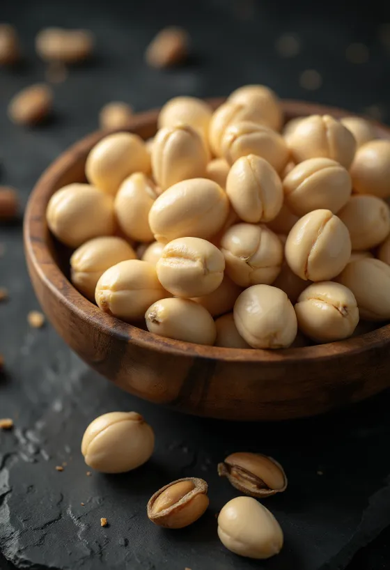 Afskallede macadamianødder i en naturlig bunke på lys baggrund