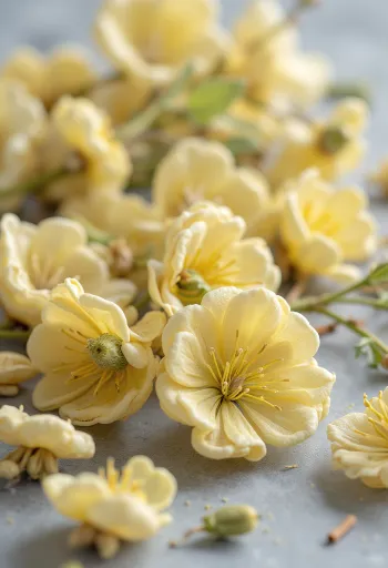 Tørrede lindeblomster i skål, med træske, på rustik køkkenoverflade