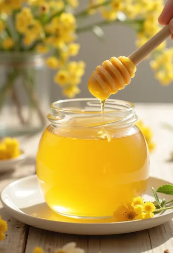 Lindehonning i glas med honningeske og lindeblomster