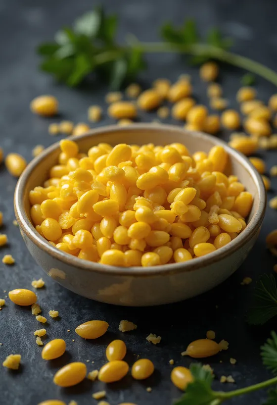 Tørrede hirsefrø med fin tekstur og lys farve.