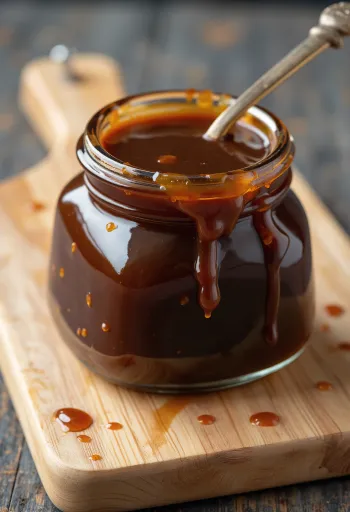 Mørk hoisinsauce i keramikskål, omgivet af fermenterede sojabønner, femkrydderi, hvidløg, eddike, sesamolie og sukker