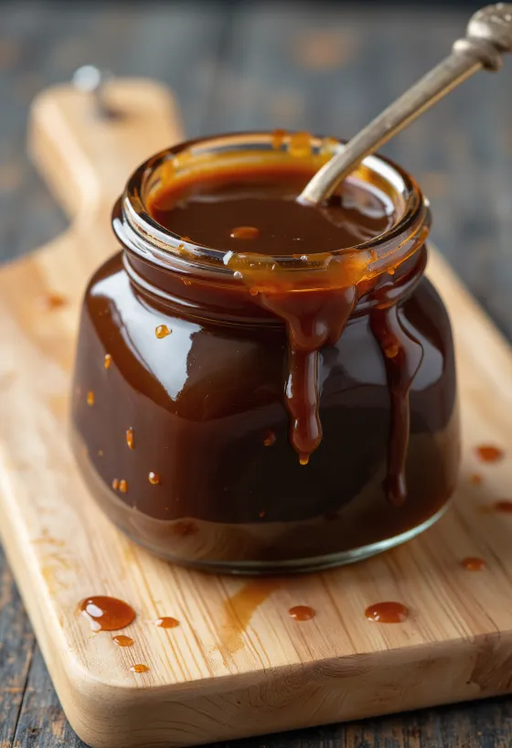 Mørk hoisinsauce i keramikskål, omgivet af fermenterede sojabønner, femkrydderi, hvidløg, eddike, sesamolie og sukker