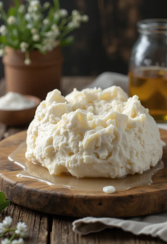 Frisk fåre-gomolya ost i skiver på et skærebræt af træ