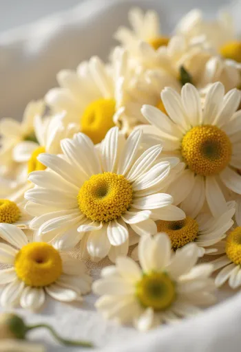 Tørrede kamilleblomster i skål og spredt på køkkenbord med træske