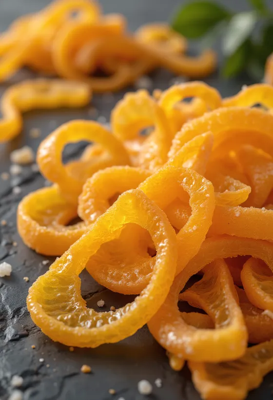 Kandiseret appelsinskal i skål med friske appelsinstykker, sukker og honning